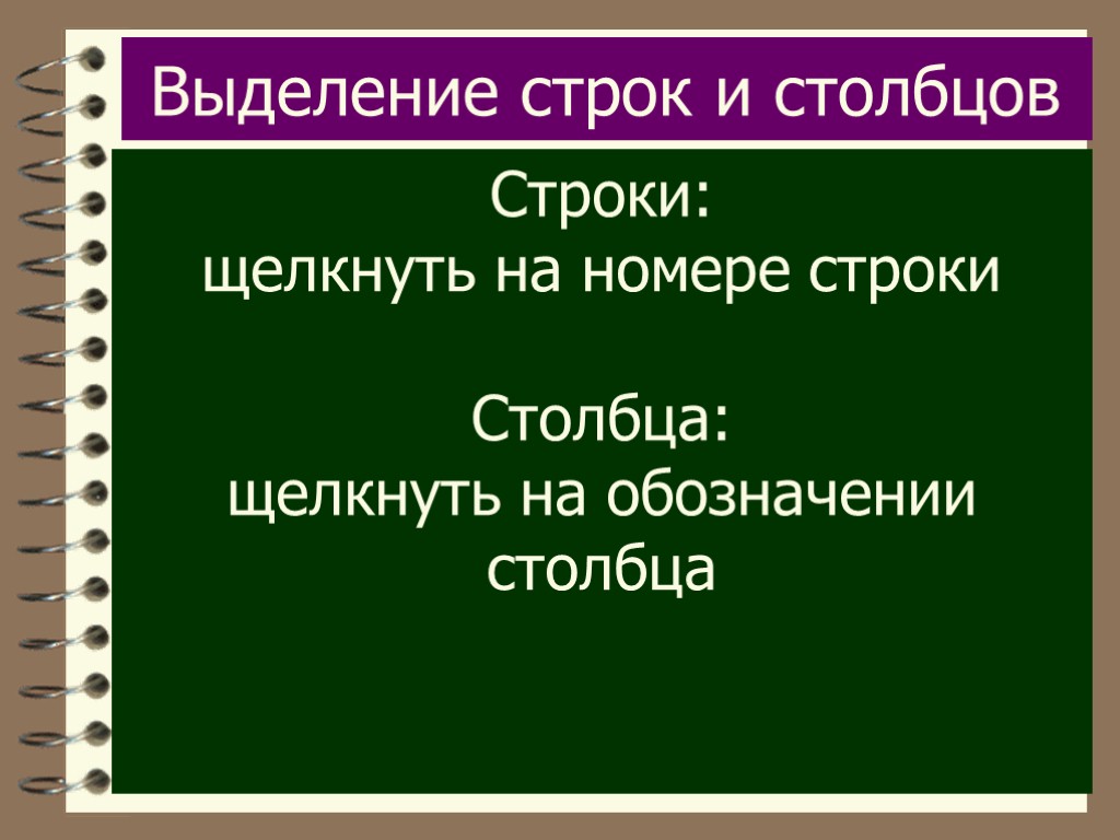 Выделение строк и столбцов Строки: щелкнуть на номере строки Столбца: щелкнуть на обозначении столбца